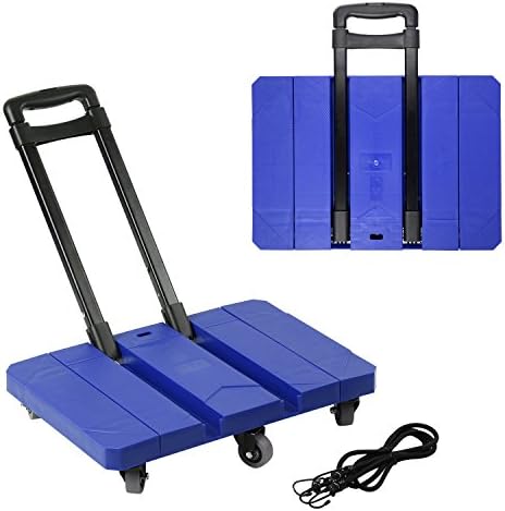Foldable 6 Wheels Hand Trolley, Extendable Flat Luggage Cart Hand Trolley with 3-fold Handle &amp; 2 supports strips (Extendable Blue)