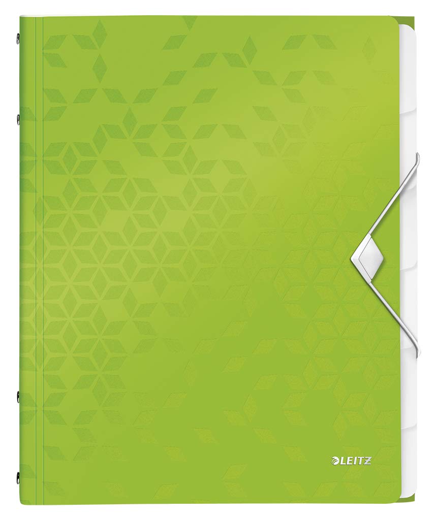 Leitz 46330054 A4 Divider Book, Holds Up to 200 Sheets, Integrated Index with 6 Compartments, Elastic Closure, WOW Range, Green