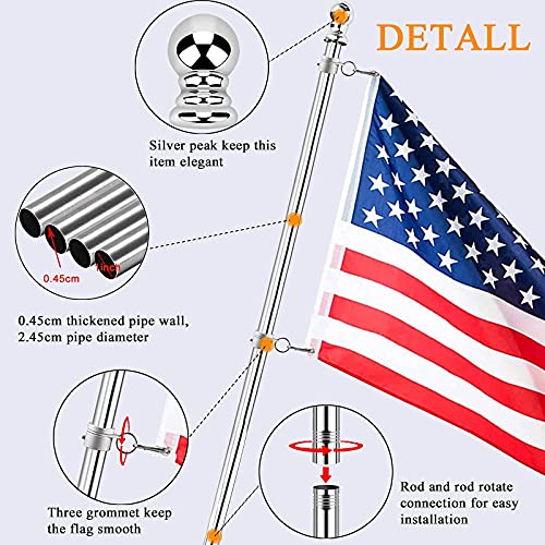 Updated 6 FT Flag Pole Kit with 2 Aluminum Flagpole Rings, Holder and 2