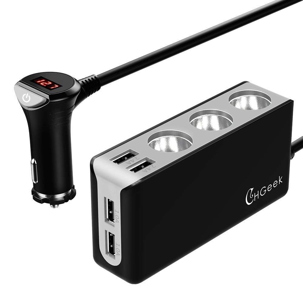 Cigarette Lighter Splitter, CHGeek Car Charger 120W 12V 24V 3-Socket Power Adapter DC Outlet with 6.8A 4-Port USB (Gray-Black)