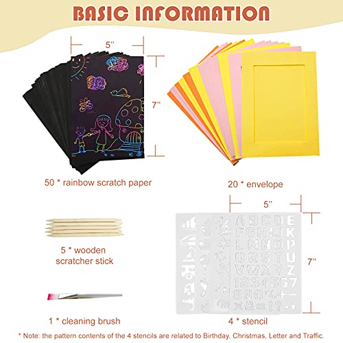 Cupohus Rainbow Scratch Art 80 Piece Set for Kids, 50 Sheets 5’’ x 7’’ Magic Scratch Off Paper with 20 Sheets Envelopes, 4 Stencils, 5 Scratcher Sticks, and 1 Cleaning Brush