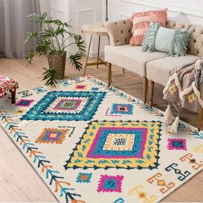 Happves Home Designer Carpet With Contour Cut Striped Model blue and yellow diamond Contemporary Medium Area Rugs Multicoloured Cotton Chindi Floor Rug -160x230cm