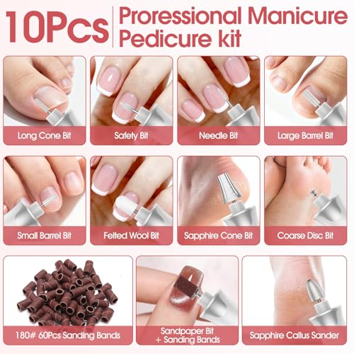 Electric Nail Drill,Professional Manicure Pedicure, Portable Cordless Rechargeable Nails File Machine for Gel/Acrylic/Natural/Thick Toe Nails with 10 Adjustable Speed 15000RPM 10 Bits 60 Sanding Bands