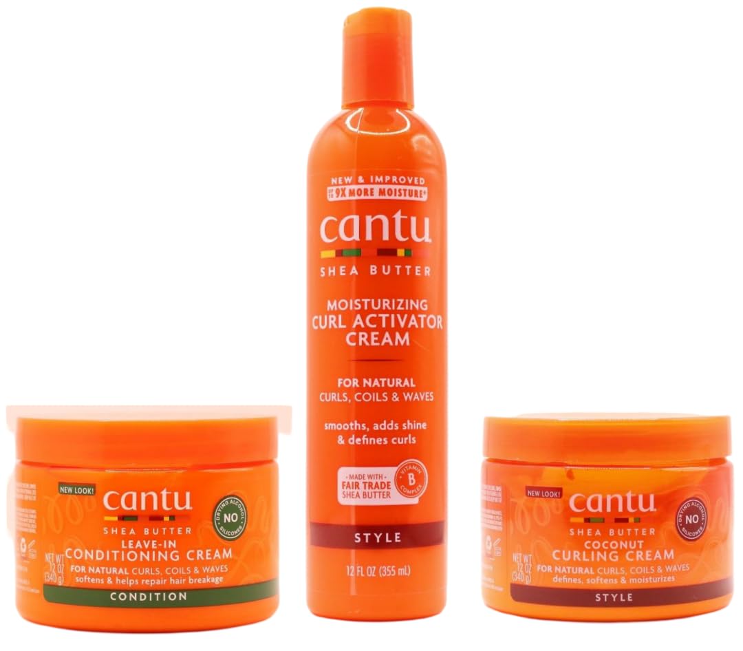Cantu Shea Butter Moisturizing Curl Activator Cream, Leave-In Conditiioning Cream And Coconut Curling Cream Combo (Ste of 3)