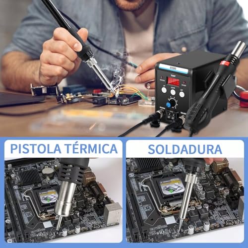 Jadeshay Estación de Soldadura 8586, Estación de Soldadura 2 en 1, 700 W, Pantalla Digital 110 V, Pistola de Aire Caliente, Herramientas con 3 Boquillas para Soldar, Desoldar y Reparar, ESD Seguro