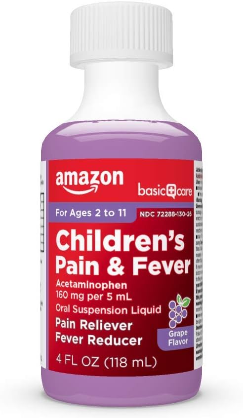  Basic Care Children's Pain & Fever Oral Suspension Acetaminophen 160 mg per 5 mL, Grape Flavor, Fast, Effective Pain Reliever and Fever Reducer for Children, 4 Fl Oz: Health & Personal Care