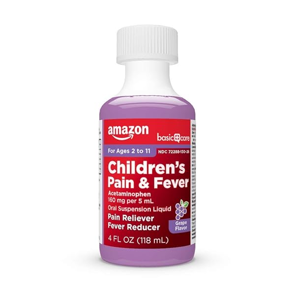 AMAZON BASIC CARE CHILDREN’S ACETAMINOPHEN 160 MG PER 5 ML ORAL SUSPENSION, GRAPE FLAVOR, PAIN RELIEVER AND FEVER REDUCER, 4 FL OZ