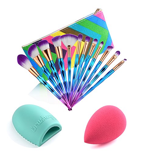 INHDBOX 12pcs Unicorn Rainbow Makeup Brushes Set ,with bag & brush pad & Puffï¼ˆTotal 15pcs ï¼‰