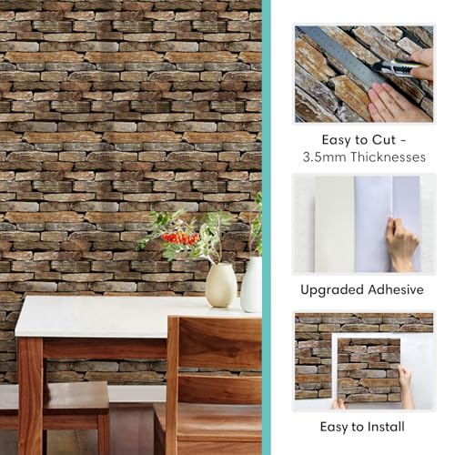 Commomy 10pcs Faux Stone 3D Wall Panels - 11.8" x 11.8"Self Adhesive Wall Tiles Lightweight Thin PVC Brick Stone Wallpaper for Interior Kitchen,Bedroom,Living Room,Fireplace