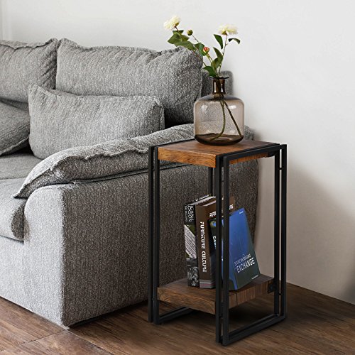 FIVEGIVEN Accent Side Table for Small Spaces End Table for Living Room/Bedroom, Modern Wood and Metal, Brown