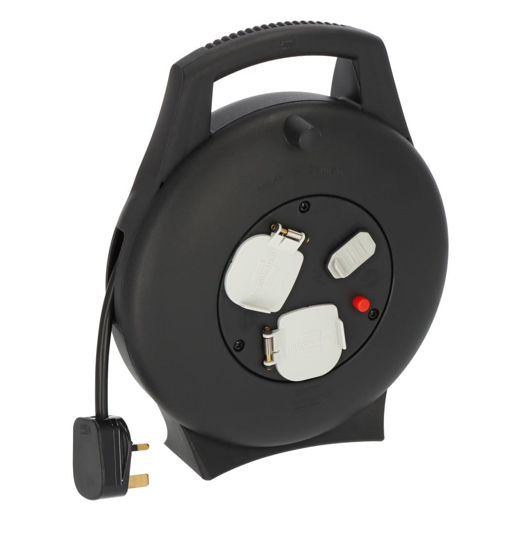 Brennenstuhl Vario Line Extension Reel 2-way with USB and 10m cable (Made in Germany, indoor Cable Reel with USB charging function, safety cut-out) black