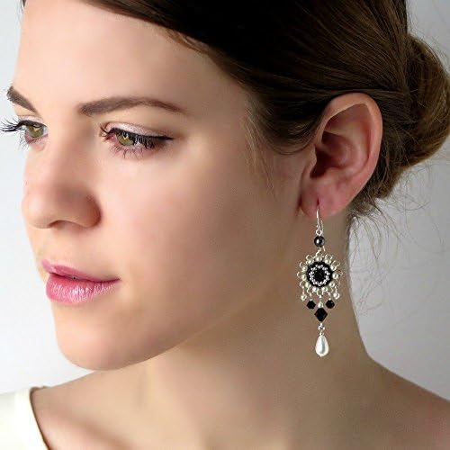 LIORA JEWELRYDesigner Black and white Swarovski Crystal Chandelier Silver Earrings