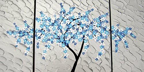 cherry blossom, Japanese art , blue painting, large Japanese painting , triptych, silver painting, large wall art, sakura, textured painting, asian art