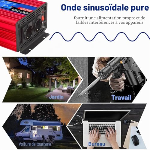 ETREPOW 1000 W/2000 W Pure Sine Converter 12 V 220 V/230 V Transformer – 2 EU AC Power Socket, 1 USB Port, Wireless Remote Control and LCD Screen, for Car, Camping, Travel
