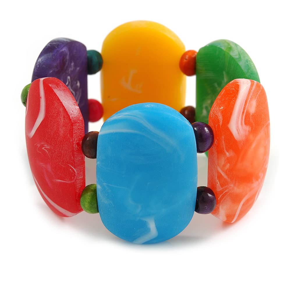 Avalaya Wide Chunky Multicoloured Resin/Wood Bead Flex Bracelet - M/L