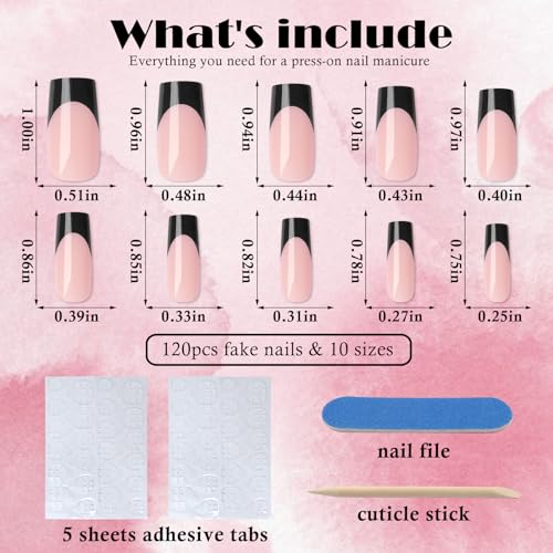 AddFavor French Press-On Nails, 120pcs Black French Tips Long Glossy Nude Gel Press-On Artificial Medium Length False Nails with Adhesive Tab for Women Girls - Image 6