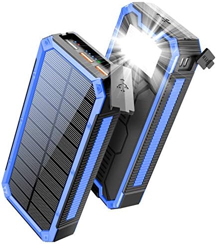 Solar Power Bank 30000mAh, Solar Charger, PD 18W QC 3.0 Quick Charge with 4 Outputs Dual Inputs USB Type C, External Backup Battery Huge Capacity Phone Charger for iOS and Android(Blue)