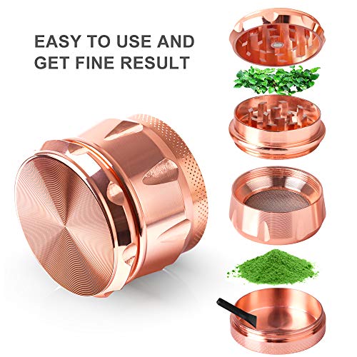 iRainy G2 Spice Herb Grinder 1.6 Inch 4 Pieces with Pollen Catcher, Metal Blue (Rose Gold)
