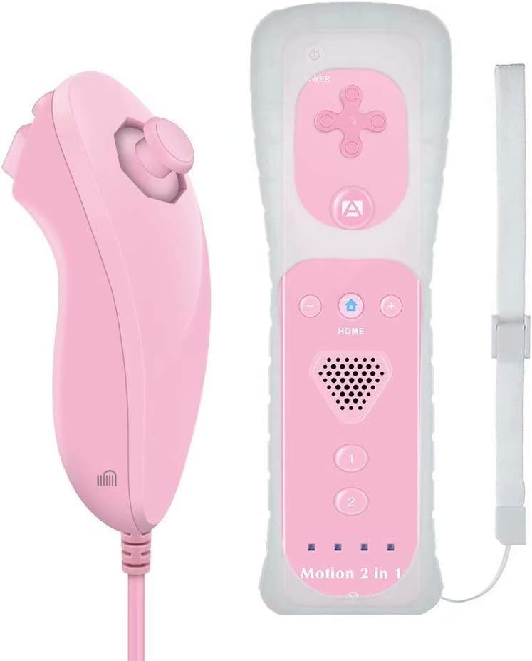 GN-010RN Built-in Motion Plus Wireless Remote and Nunchuck Controller with Silicone Case & Wrist Strap for Nintendo Wii and Wii U (Baby Pink)