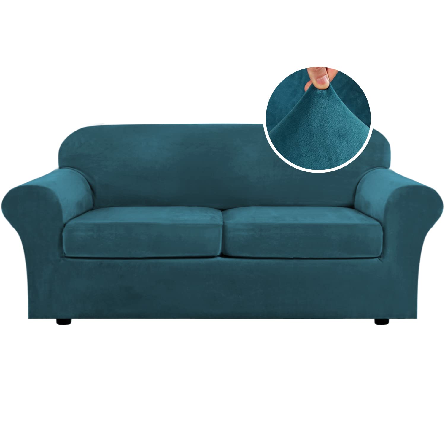 Photo 1 of H.VERSAILTEX Real Velvet Plush 3 Piece Stretch Sofa Covers Couch Covers for 2 Cushion Couch Sofa Slipcovers Width Up to 90 Inch Feature Thick Soft Stay in Place (Large Sofa, Deep Teal)