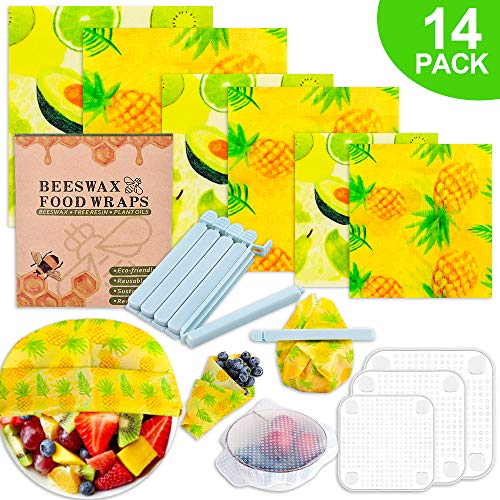 Reusable Beeswax Food Wrap 6 Pack & 3 Silicone Stretch Lids & 5 Food Bag Clips, Organic Eco Friendly Food Wraps, Sustainable Zero Waste Bees Wax Sandwich Wrappers Cling Wrap Cover for Food Storage