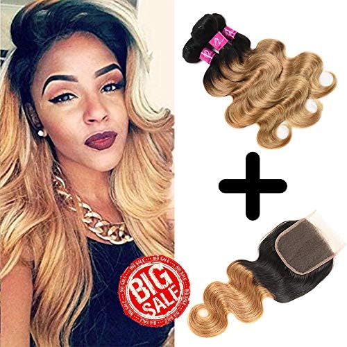Ombre Color 1B-27 Body Wave 7A Brazilian Virgin Human Hair 3 Bundles With Lace Frontal Closure Hair Extensions (22 24 26 + 20, Ombre Color 1B-27)