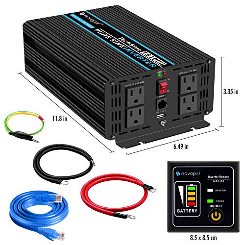 Pure Sine Wave Power Inverter 1000 Watt 12V DC to 110V/120V AC Converter 4 AC Outlets Car Inverter with One USB Port 5 Meter Remote Control and Two Cooling Fans Peak Power 2000 Watt novopal