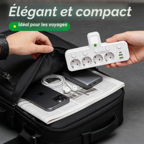 Power Strip with Individual Switch, 4 Sockets with USB and Night Light, 4 Mains Outlets + 1 Type-C + 2 USB Suitable for Home, Office, Phone, Portable