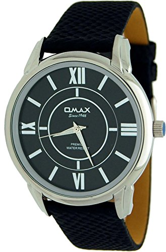 #LA01P221 Mens OMAX Big Silver n Black Leather Watch