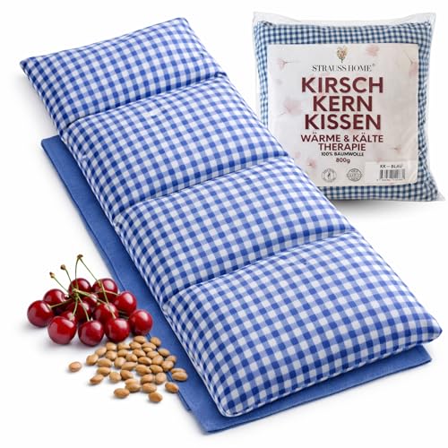 Strauss Home® Kirschkernkissen Gross, Mikrowelle, Körnerkissen Mikrowelle, Wärmekissen Nacken Schulter, Baumwollstoff 50X20Cm (Grau/Blau Vintage)