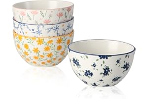 Small Bowls Ceramic Bowl Set - 12 oz Porcelain Rice Bowls Set - 4.5 inch Floral Patterned Dessert Bowls - 4 Colorful Cute Bow