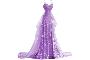 YUAOHUANG Sequin Prom Dresses for Women 2025 2 Piece Spaghetti Straps Sparkly Tulle Wedding Dresses Long Pageant Dresses