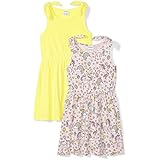 Spotted Zebra Little Girls' 2-Pack Knit Sleeveless Knot Shoulder Dresses, Unicorn Party/Yellow, Small (6-7)
