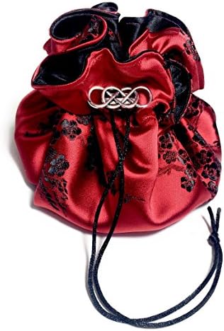 Red and Black Satin Floral Brocade Dice Bag with 8 Sorting Pockets and Metal Fastener