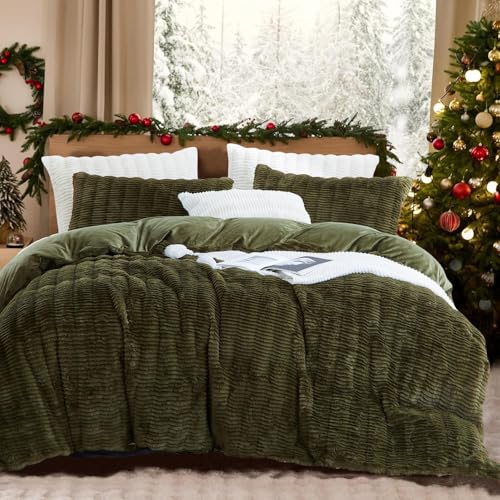 Lanqinglv Plush Bed Linen 135 x 200 cm Green Dark Green Fluffy Long Hair Faux Fur Winter Bed Linen Warm Cosy Flannel Fleece Cashmere Touch Duvet Cover with Zip and 1 Pillowcase 80 x 80 cm
