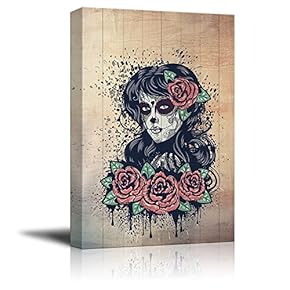 Canvas Print Wall Art - Day of The Dead (Dia De Los Muertos) Themed Art Vintage Sugar Skull Girl with Roses - Gallery Wrap Modern Home Art | Ready to Hang - 12x18 inches