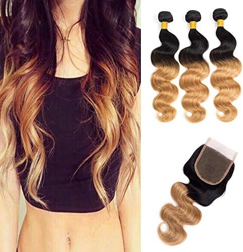 Juyouya Hair Brazilian Ombre Color Body Wave Hair 3 Bundles With Closure Human Hair Extensions 8A Grade 4X4 Lace Closure Color #1B/27 (10 12 14 +10)