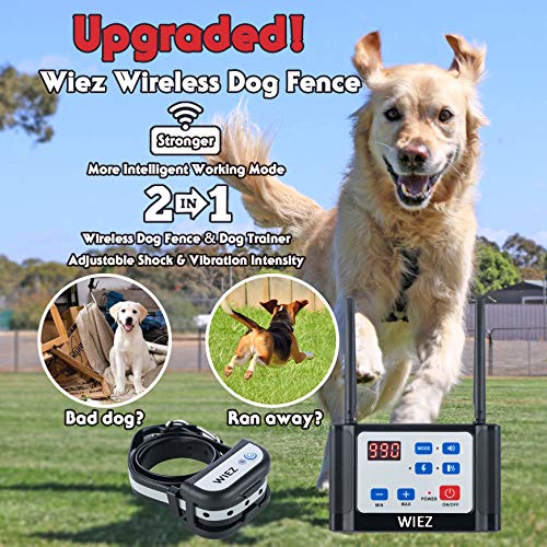 WIEZ Wireless Dog Fence Electric & Dog Training Collar 2-in-1, Dual Antenna, Adjustable Range Control 100-990 ft, Adjustable Warning Strength, Rechargeable, Harmless for All Dogs, for Outdoor Use