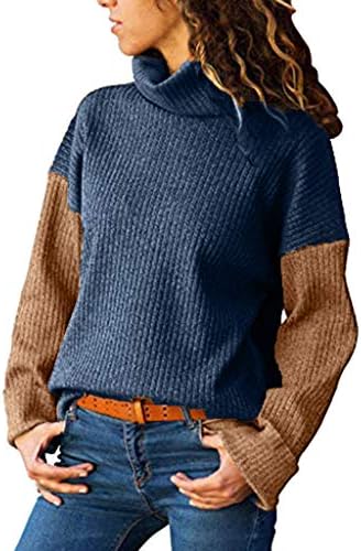 Hohaski Women's Turtleneck Color Matching Long-Sleeved Slim Sweater Pullover Sweater