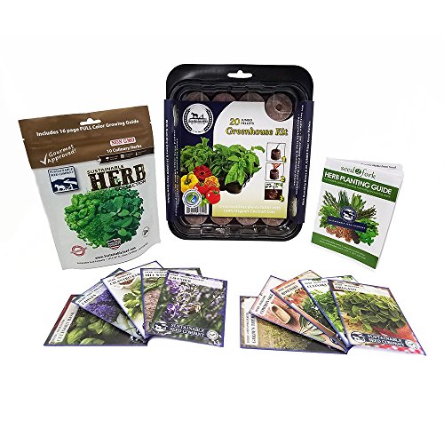 Sustainable Seed Culinary Herb Seed Collection w/Greenhouse, 10 Variety, 100% Non-GMO Heirloom Basil, Chives, Cilantro, Dill, Lavender, Oregano, Parsley, Rosemary, Sage, and Thyme Herb Seeds