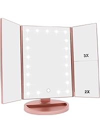 WEILY Lighted Makeup Mirror Trifold Vanity Mirror with 1X/2X/3X Magnification, Natural LED Nights, Touch Screen Chargable
