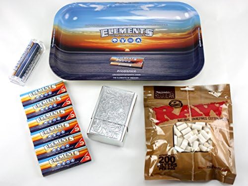 Elements Rolling Tray + Elements 79mm Roller + Elements 1 1/4 Rolling Papers + Skyway Venice Cigarette Case + RAW Filter Tips Bundle / Kit