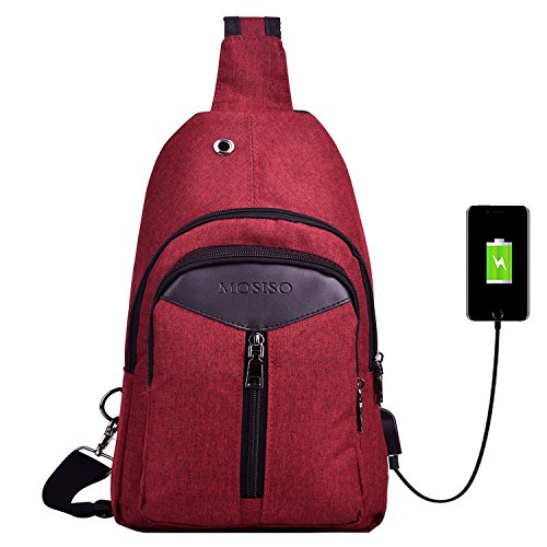 Mosiso Sling Backpack with USB Charging Port, Polyester Travel Daypack Durable Chest Shoulder Unbalance Gym Fanny Crossbody Sack Satchel Outdoor Hiking Bag for Men Women Girls Boys, Wine Red