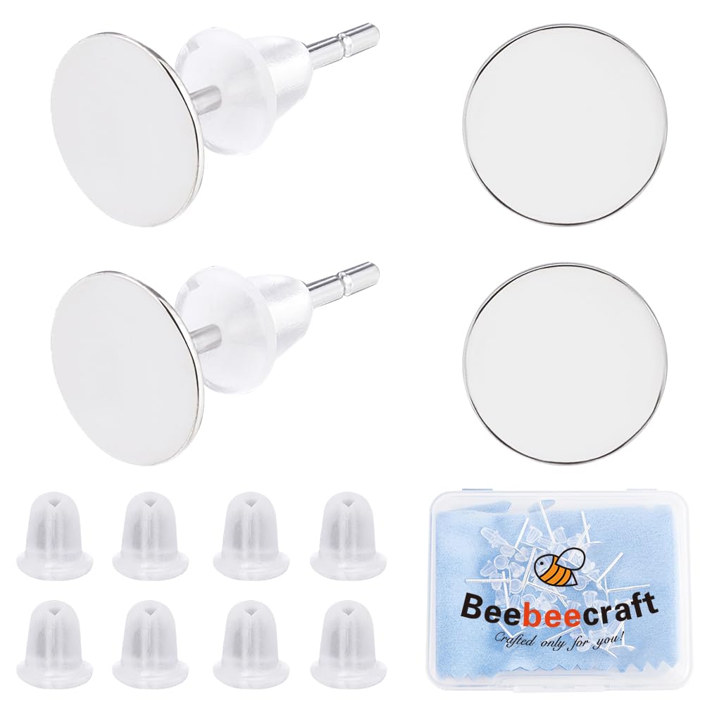 Beebeecraft 1 Box 20Pcs 925 Sterling Silver Earrings Posts and Backs Flat Pad Earring Post with 50pcs Ear Nuts and 1Pc Silver Polishing Cloth for DIY Jewellery Making Kit (Tray: 8mm)