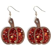 Halloween Thanksgiving Pumpkin Dangle Earrings for Women Glitter Maple Leaf Wooden Lightweight Handmade Fall Drop Earring Autumn Fall Holiday Jewelry Gift