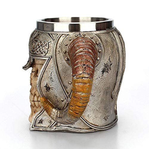 Mookis Viking Drinking Coffee Beer Mug, Stainless Steel Ram Horned Gothic Pirate Skull Mug, Medieval Style Skeleton Tankard Stein for Beer Wine Coffee Rum Drinking Water - 450 Ml(15 Oz)