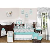 Unique Crib Bedding Modern Gray and Turquoise Zig Zag Grey Baby Boy Girl Unisex 9 pc Bedding Crib Set by Sweet Jojo Designs