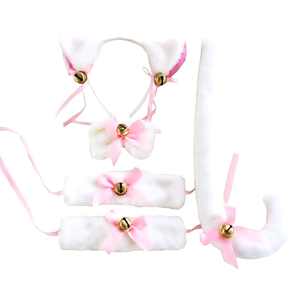 Lovelegis Cat Set - Headband with Ears - Butterfly - Cuffs - Tail - Costume - Disguise - Woman - Halloween - Carnival - Gift idea for Christmas and birthday - White