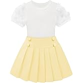 Toddler Girls Skirts Outfit Floral Mesh Puff Sleeve Ribbed Tops + Pleated A-Line Skirt Set Kids Clothes