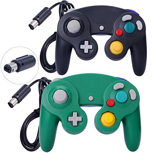 ONE250 2 Pack Classic Shock Joypad Wired Controller, Compatible with Wii NGC Gamecube Game Cube (Black & Green)